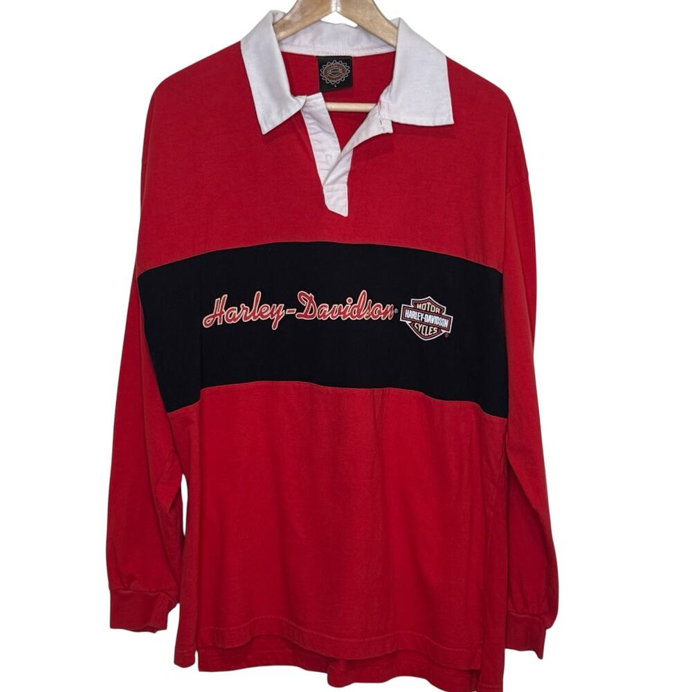 Y2K Harley Davidson Size Large Red & Black Color Block Rugby Shirt Vintage